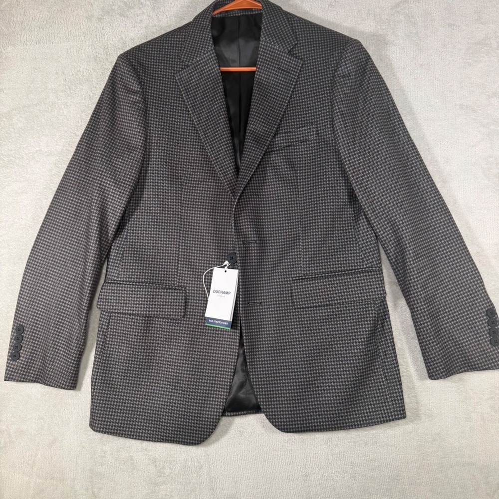 Duchamp London‎ Mens 40R Slim Fit Eco Stretch Knit Houndstooth Blazer Grey Black